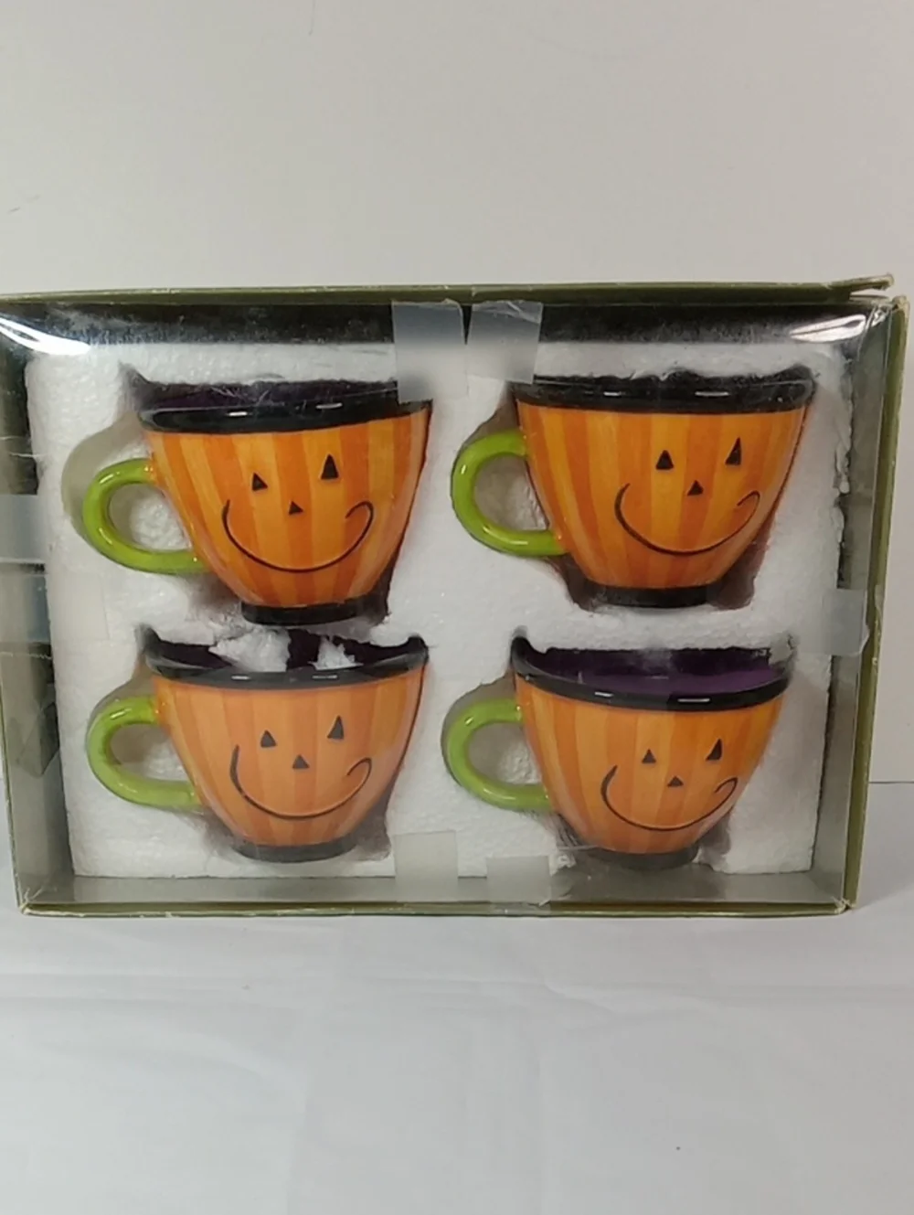 Halloween Pumpkin Ceramic Mugs Set of 4 - Orange with Green Handles